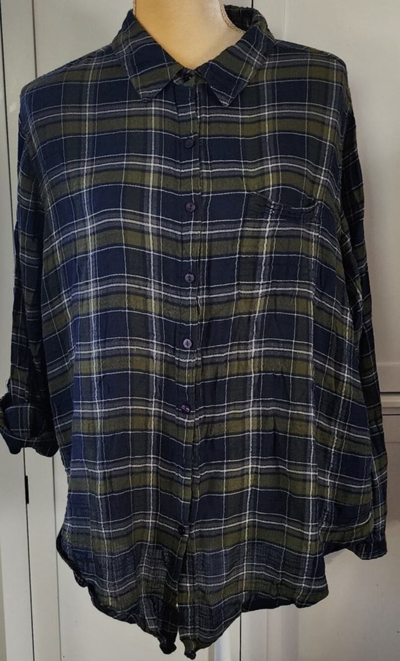 Westport Blue Green Button Up Plaid Plus Size Shirt 2X